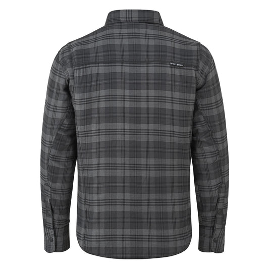 A long-sleeve plaid button-up shirt shown from the back, featuring a dark gray and black tartan pattern on a white background.