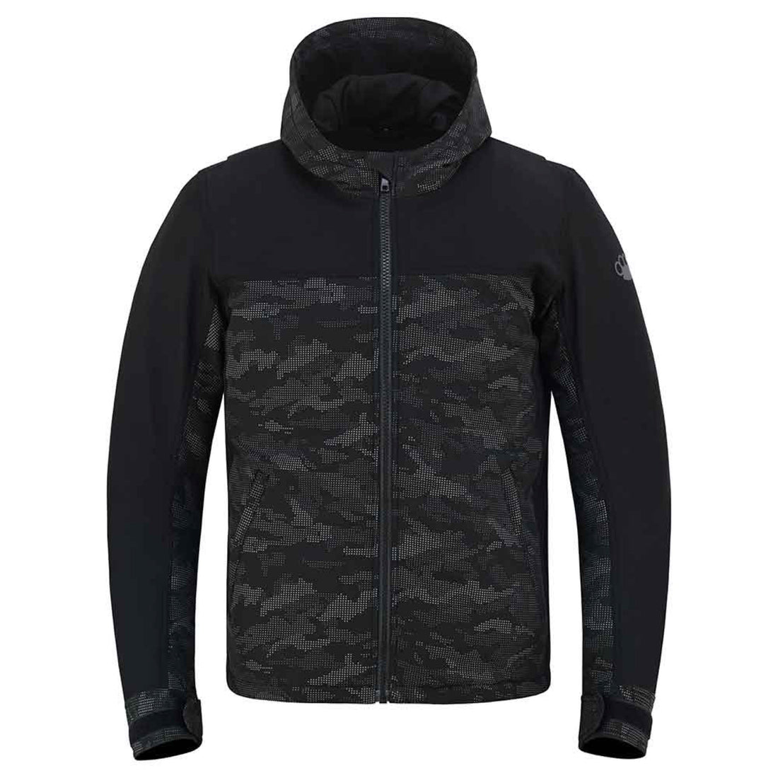 Nightfall Reflective Armored Hoodie front view, dark softshell with reflective camo panels