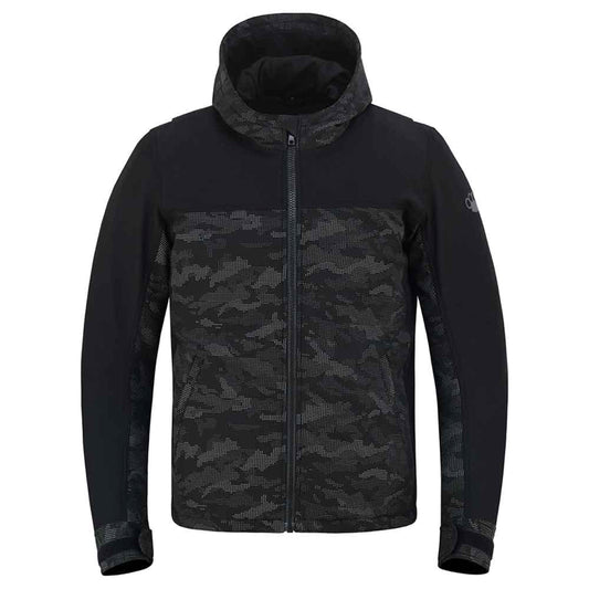 Nightfall Reflective Armored Hoodie front view, dark softshell with reflective camo panels
