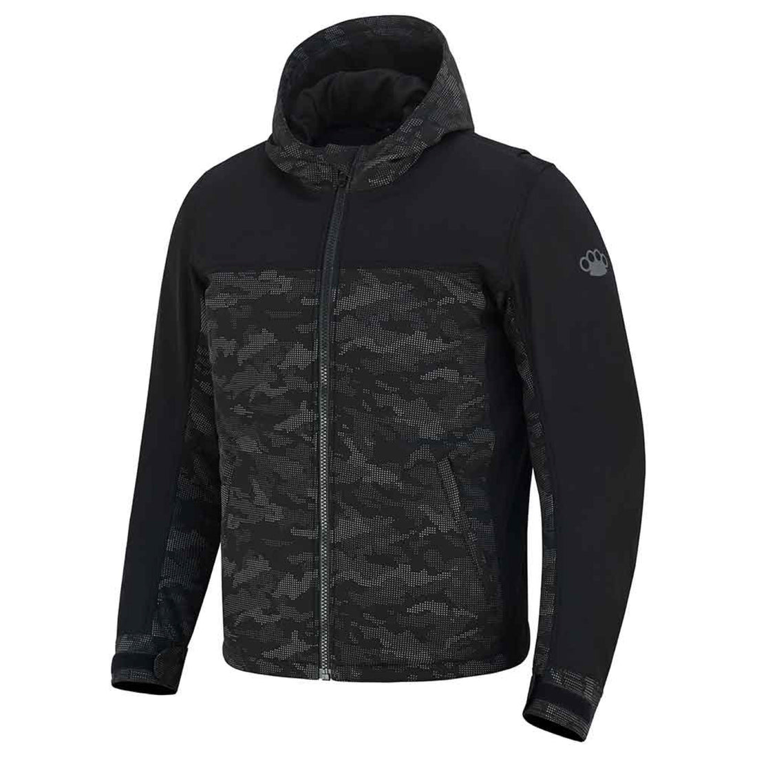 Nightfall Reflective Armored Hoodie front view in black with reflective camo panels