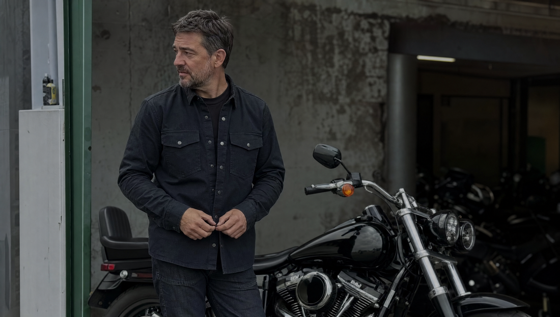 Motorcycle rider in CE-rated casual protective gear beside a cruiser