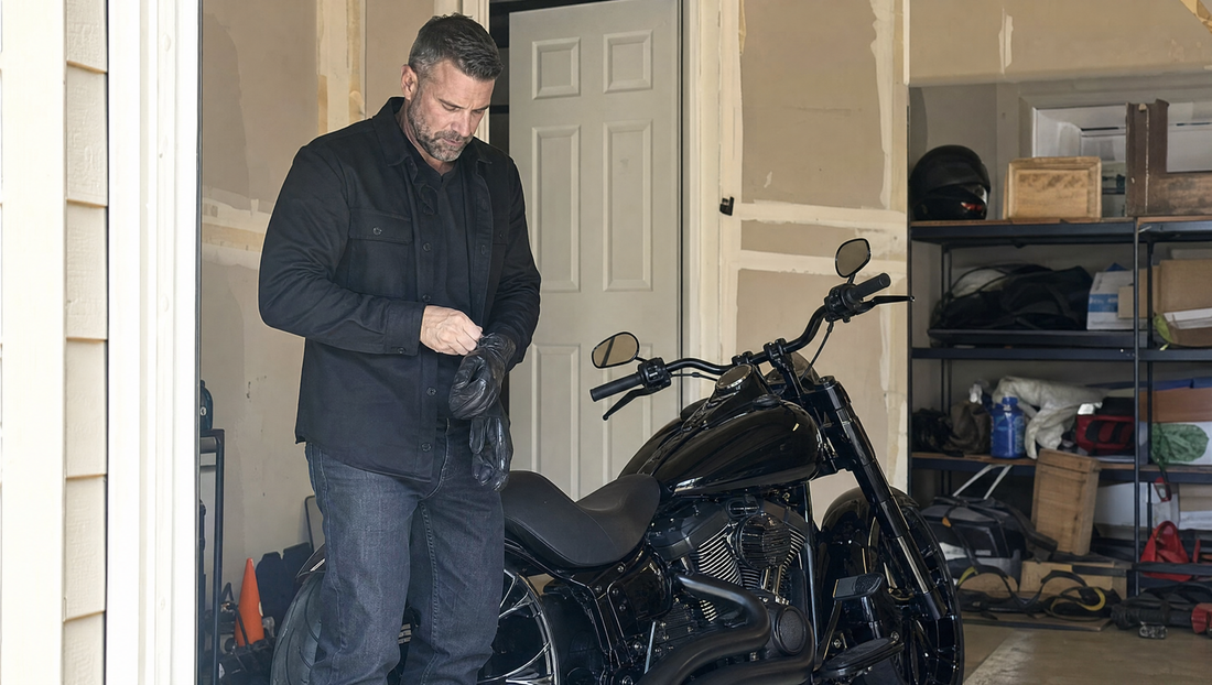 New rider gearing up next to a Harley Davidson cruiser in a garage wearing dark armored streetwear