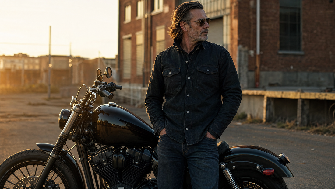 Motorcycle rider in dark casual armored streetwear beside a Harley Davidson cruiser in an urban setting at golden hour