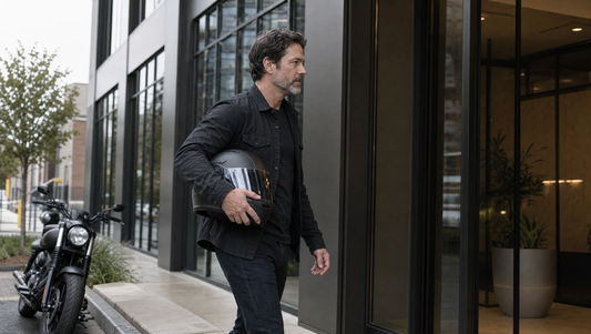 Motorcycle commuter walking into a modern office building entrance wearing dark armored streetwear, his cruiser parked at the curb