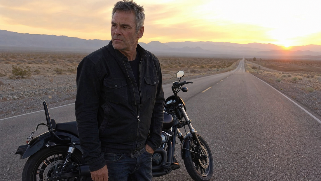 Motorcycle rider beside a Harley Davidson cruiser on an open desert highway at golden hour
