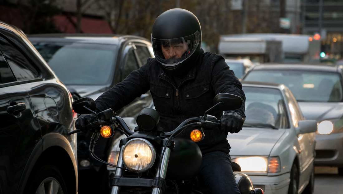 Motorcycle commuter riding a cruiser through urban morning traffic in dark protective jeans