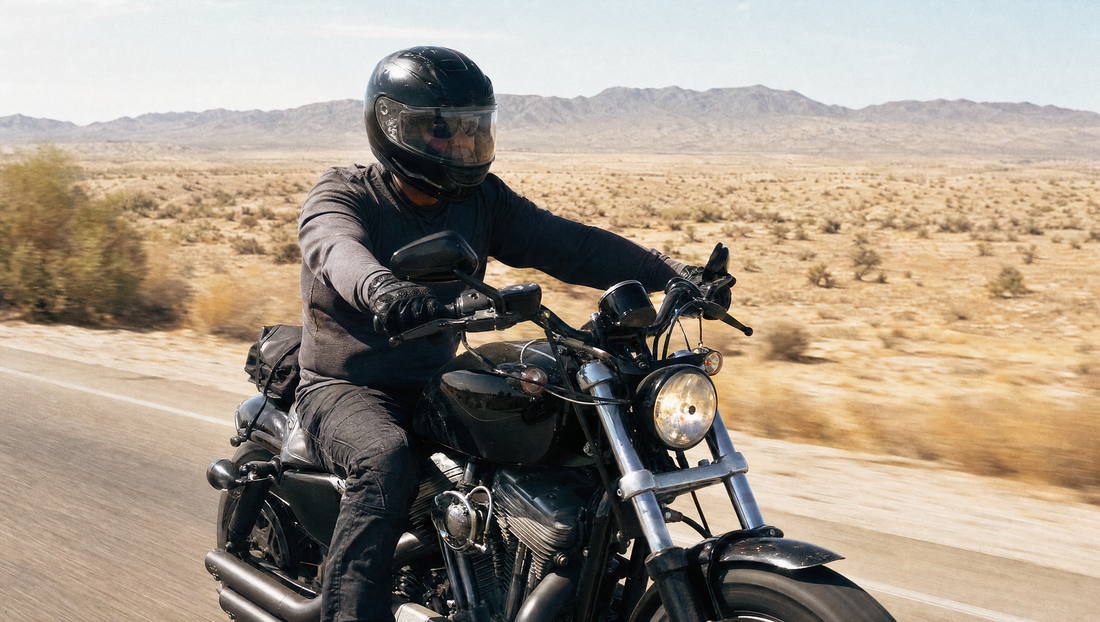 Motorcycle rider in dark armored streetwear riding a Harley cruiser on an open desert highway in summer