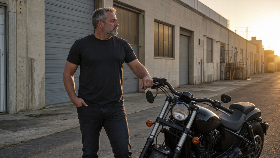 Male motorcycle rider in dark casual armored streetwear standing beside a black Harley Davidson cruiser in an industrial backstreet at golden hour