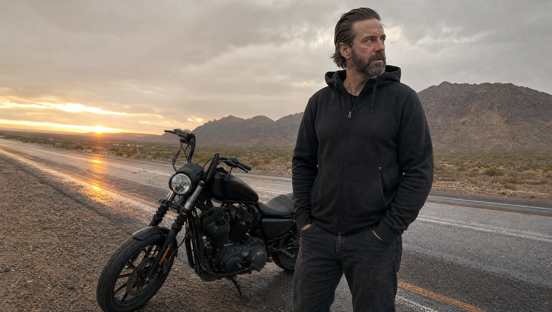 Motorcycle rider in dark armored streetwear hoodie beside a Harley cruiser on an open highway