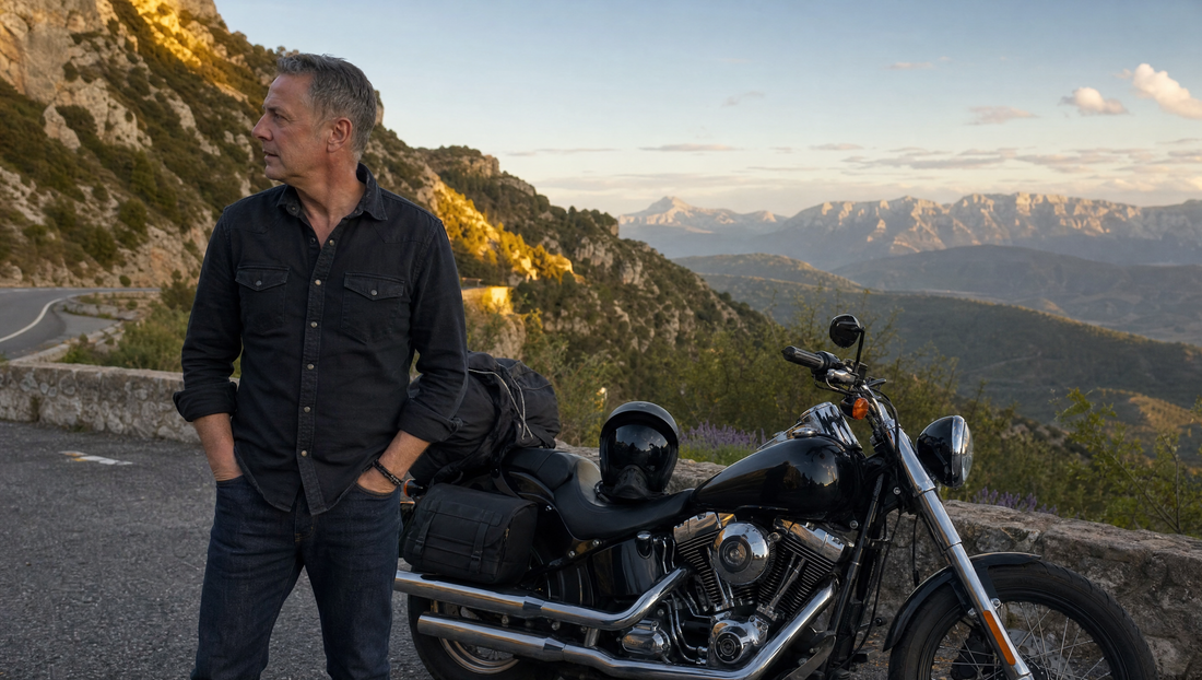Motorcycle tourer in dark casual clothing beside a luggage-loaded Harley-Davidson on a European mountain road at golden hour