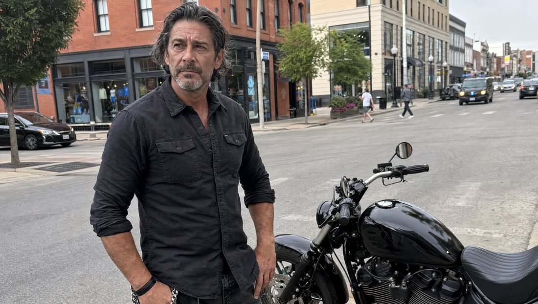Motorcycle rider in dark casual streetwear standing beside a black cruiser on a city street