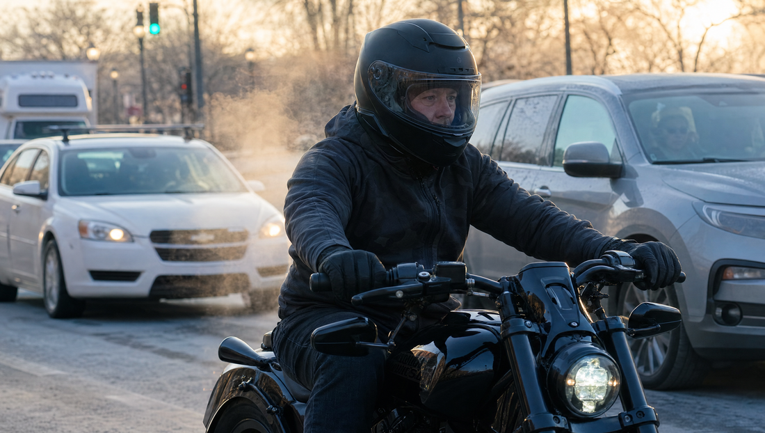 Motorcycle commuter riding a black cruiser through a cold US city street on a frosty winter morning, wearing a dark armored streetwear hoodie, helmet and gloves