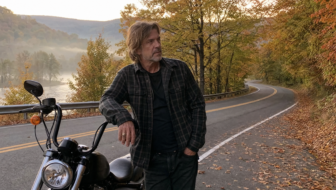 Motorcycle rider beside a Harley cruiser on an autumn road with fallen leaves and golden light