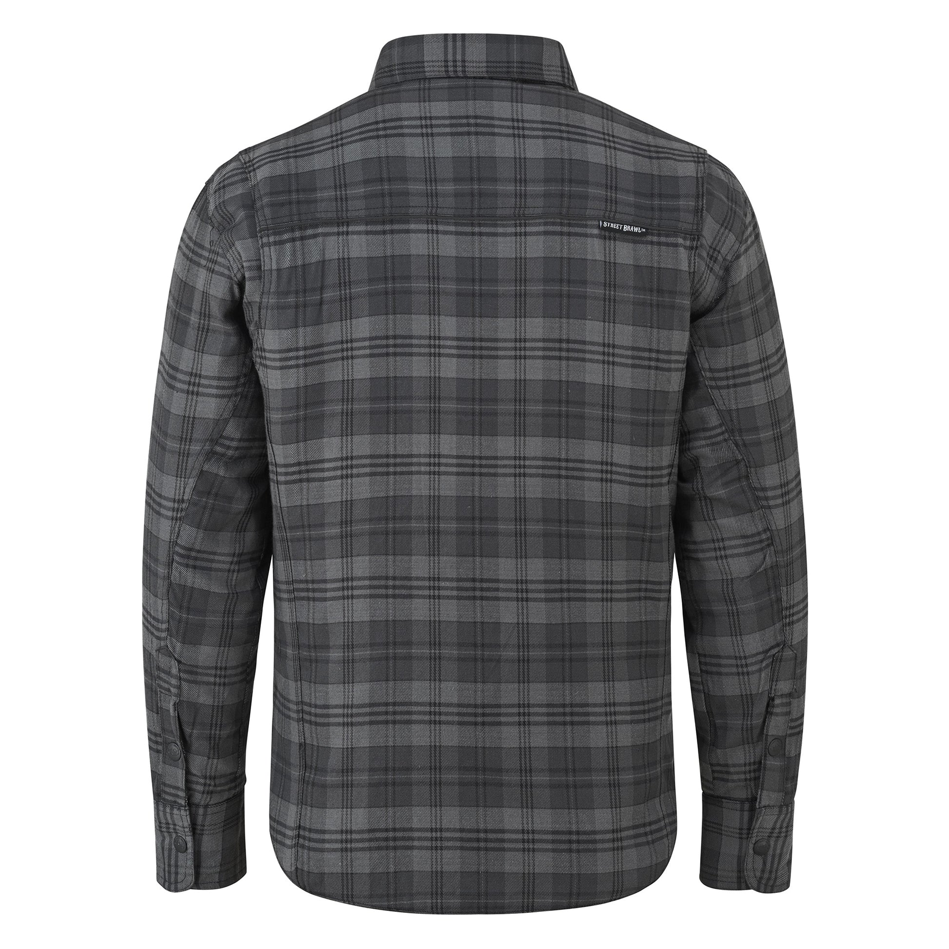 A long-sleeve plaid button-up shirt shown from the back, featuring a dark gray and black tartan pattern on a white background.