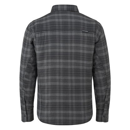 A long-sleeve plaid button-up shirt shown from the back, featuring a dark gray and black tartan pattern on a white background.