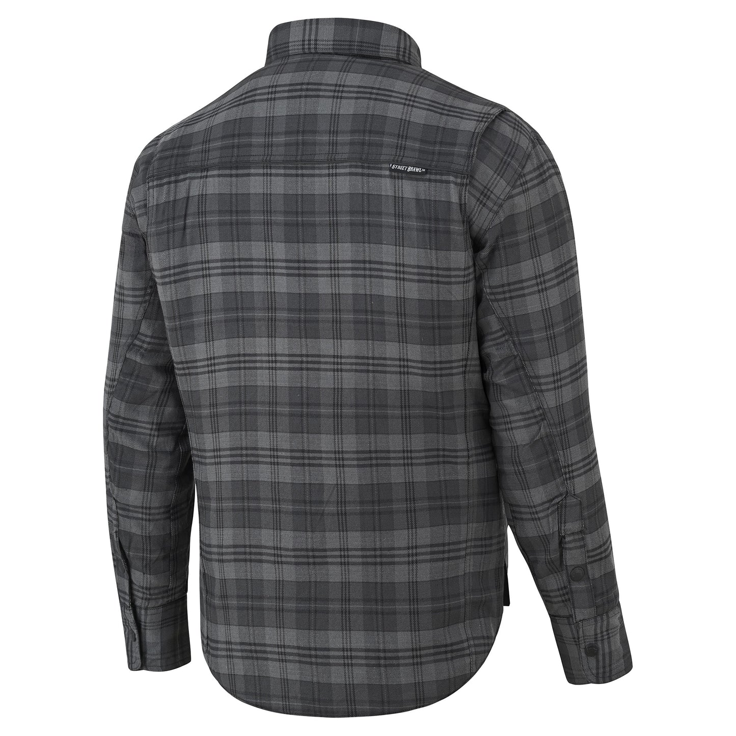 A long-sleeve plaid button-down shirt shown from the back, featuring a dark gray and black checkered pattern with a small white 'KAVU' brand label on the upper left shoulder.