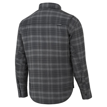 A long-sleeve plaid button-down shirt shown from the back, featuring a dark gray and black checkered pattern with a small white 'KAVU' brand label on the upper left shoulder.