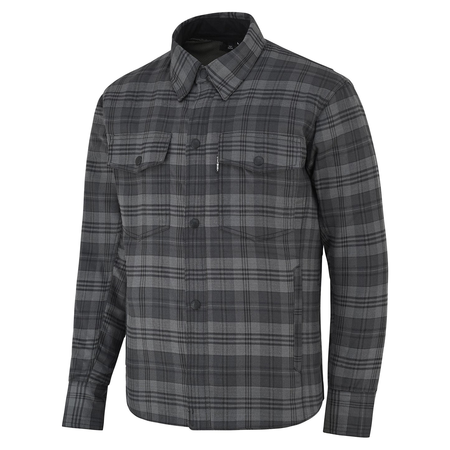 A men's long-sleeve button-up shirt jacket in a dark gray and black plaid pattern, featuring a pointed collar, button front, and two chest flap pockets.