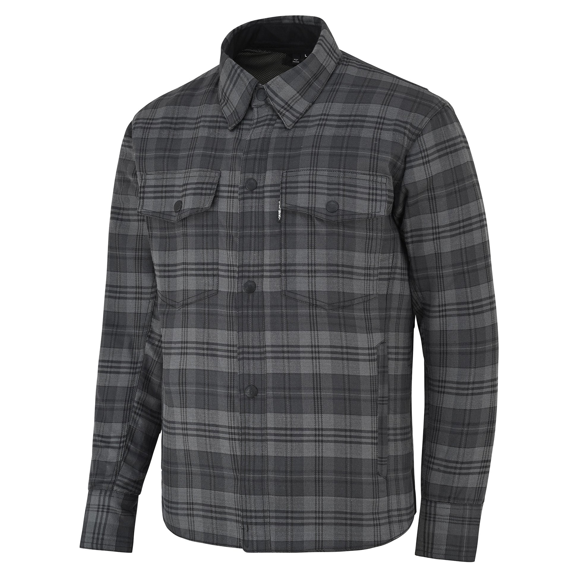 A men's long-sleeve button-up shirt jacket in a dark gray and black plaid pattern, featuring a pointed collar, button front, and two chest flap pockets.