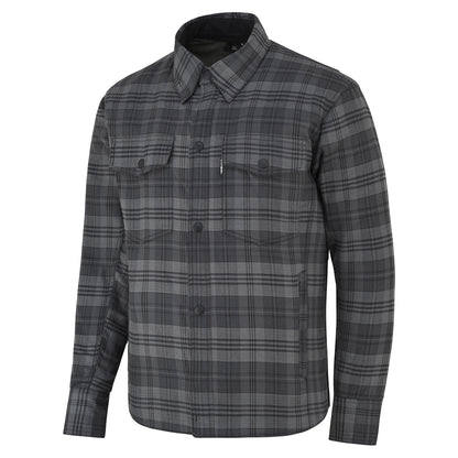 A men's long-sleeve button-up shirt jacket in a dark gray and black plaid pattern, featuring a pointed collar, button front, and two chest flap pockets.