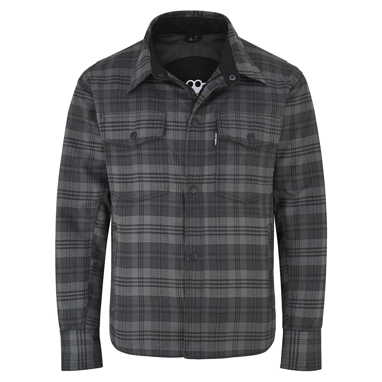 A dark gray and black plaid button-up shirt jacket with a collar, long sleeves, and two chest flap pockets, shown on a plain white background.