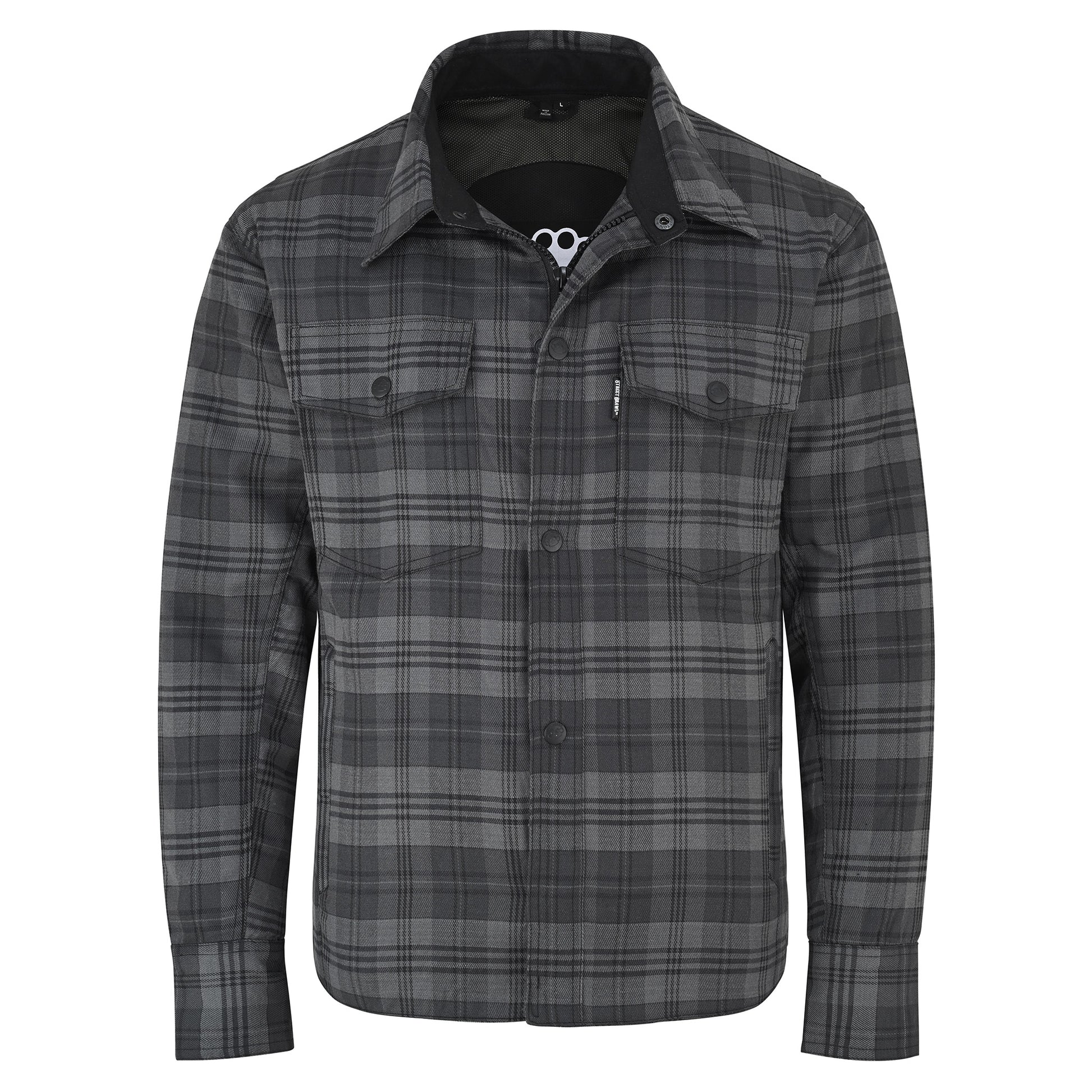 A dark gray and black plaid button-up shirt jacket with a collar, long sleeves, and two chest flap pockets, shown on a plain white background.