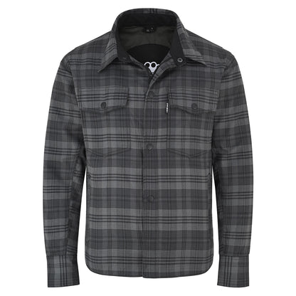 A dark gray and black plaid button-up shirt jacket with a collar, long sleeves, and two chest flap pockets, shown on a plain white background.