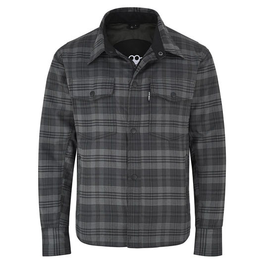 A dark gray and black plaid button-up shirt jacket with a collar, long sleeves, and two chest flap pockets, shown on a plain white background.