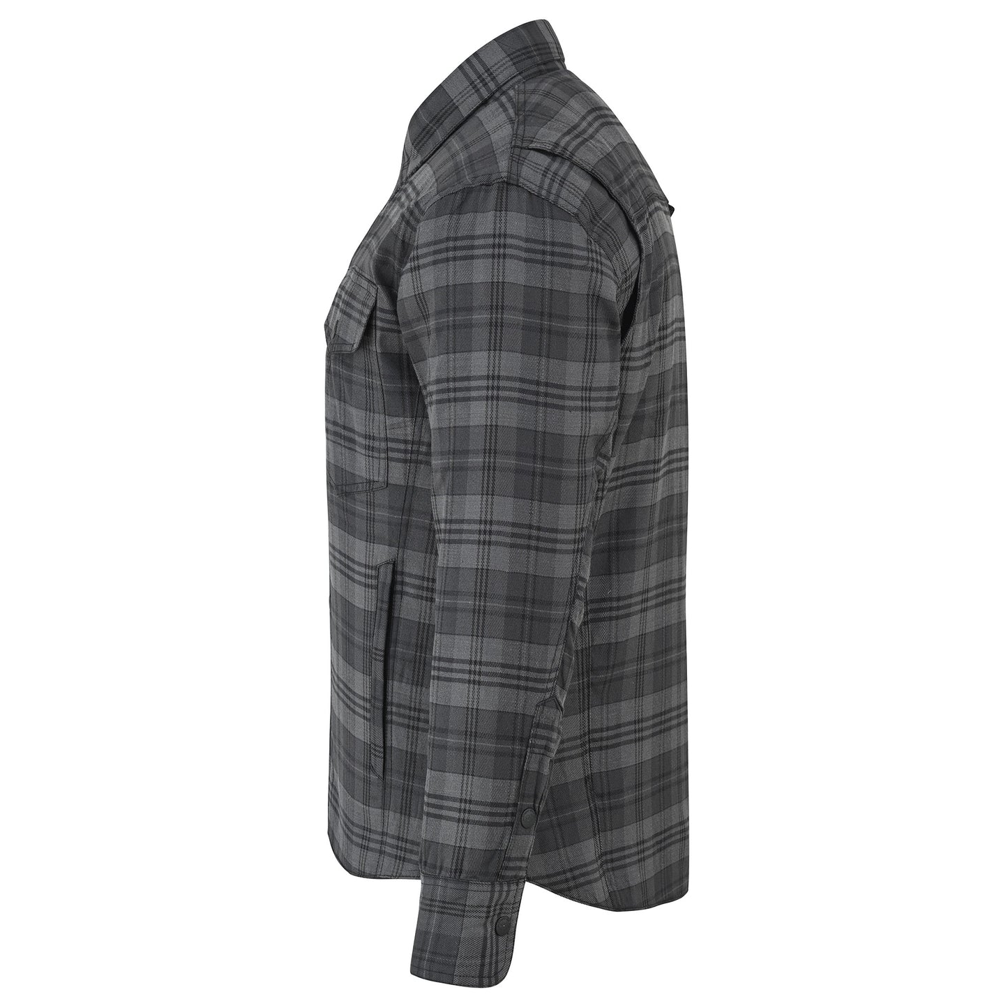 A side profile view of a gray and black plaid button-up shirt jacket, shown on a solid white background.