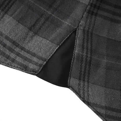 Close-up of a dark gray and black plaid fabric with a solid black inner lining, shown against a plain white background.
